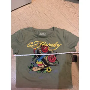 NWEd Hardy Womens Rhinestone‎ Swallow Tattoo Crop Top Olive Green Y2K Tee Small thumbnail 4