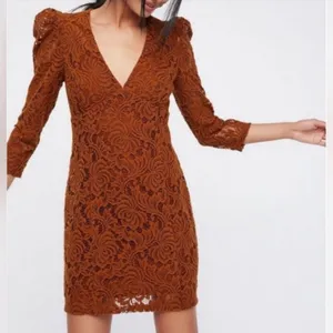 FREE PEOPLE Dana’s Bodycon Textured Lace Dress in Rust Brown Size XS thumbnail 1