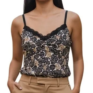 WHITE HOUSE BLACK MARKET Rose Floral Lace Trim Camisole Tank Top Black Tan EUC M thumbnail 1