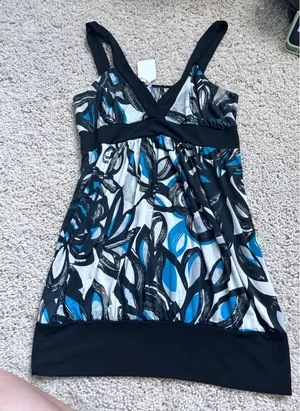 vintage y2k Halter Neck Top Abstract Floral Print blue Black White Cross Backer thumbnail 1