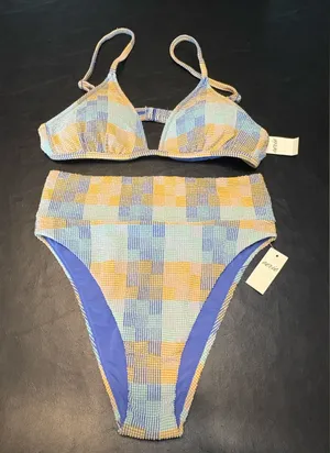 aerie Pastel Yellow Blue Checkered TriangleTop Cheeky Bottom Bikini Set size S/M thumbnail 1