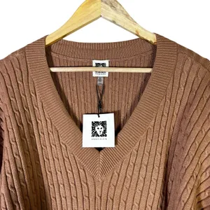 NWT Anne Klein Cable Knit V-Neck Sweater Cognac Brown Classic Preppy Size XL thumbnail 3