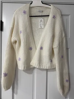 Reserved Women’s Cream Open Front Knit Cardigan with Lilac Floral Detail Size S thumbnail 6