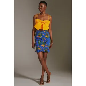 NWT Farm Rio Anthropologie Ruched Mini Skirt Small Blue Tropical‎ Fruit Vacation thumbnail 14