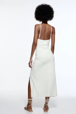 ZARA maxi white dress draped ruched wedding party coctail thumbnail 3
