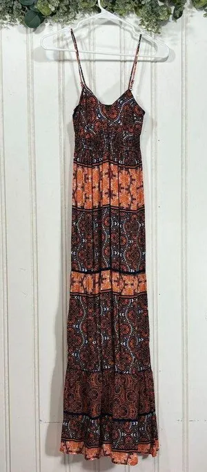AQUA Hippie Boho Orange Navy Blue Strappy Maxi Dress SMALL Feminine thumbnail 2