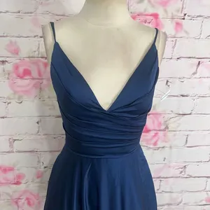 La Femme blue satin v neck ruched bodice ball gown style 28607 thumbnail 6