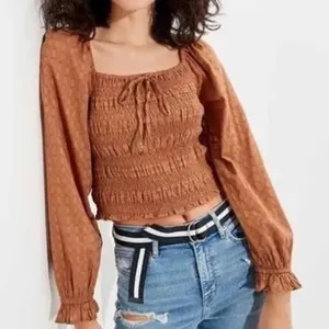 American Eagle Smocked Crop Top Brown Long Sleeve Square Neck Blouse Medium thumbnail 1