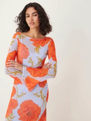 Never Fully Dressed Long Blue & Orange Floral Long Sleeve Dress thumbnail 2