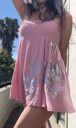 🌸✨ Dusty Rose Strapless Smocked Babydoll Top – Soft Girl Summer Small✨🌸 thumbnail 1
