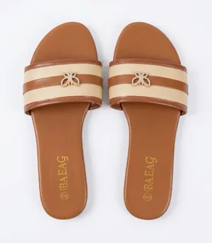 No Boundaries Tan and Cream Slide Sandals with Gold Accent thumbnail 1