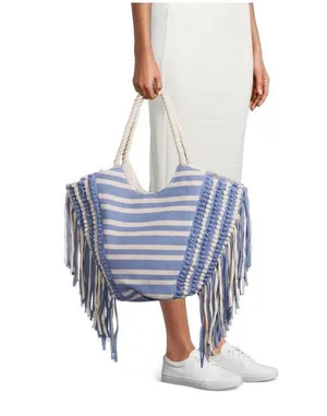 Boho Macrame Stripe Fringe Woven Southwestern Rope Handles Beach Open Tote Bag thumbnail 2