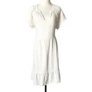 Pact Gauze Midi Dress 100% Organic Cotton Ivory V-Neck Ruffle Hem Tie Back XL thumbnail 2