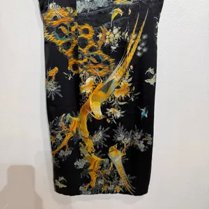 Vintage Style Black Satin Cheongsam Bird Print Midi Dress Sz M thumbnail 4
