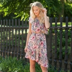 MINKPINK Womens Pink Floral One Shoulder Asymmetric Ruffle Mini Dress‎ Size S thumbnail 3