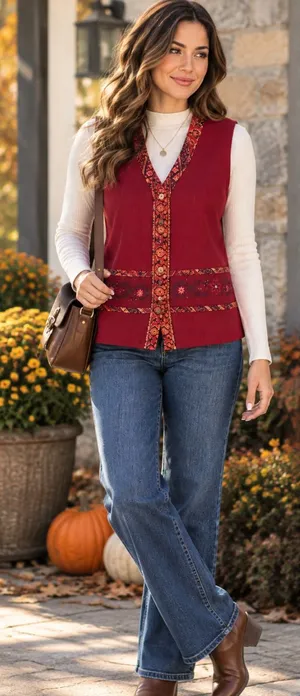 Vintage NWT 1990 Jantzen Red Embroidered V-Neck Vest thumbnail 1
