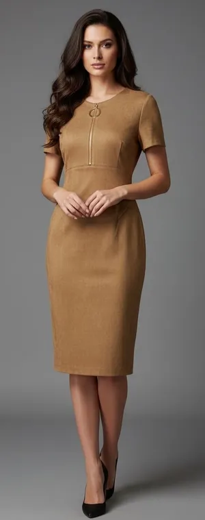 Calvin Klein Faux Suede Zip-Front Midi Dress Tan Camel Brown NWT Size 10 thumbnail 1