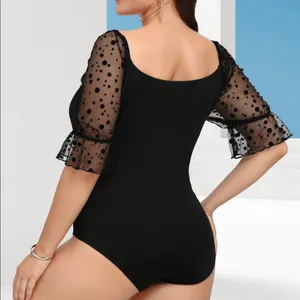 Shein Plus Contrast Dobby Mesh Flounce Sleeve Bodysuit in Black Size 2XL thumbnail 3