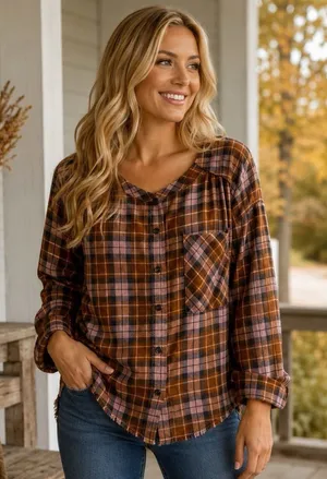 Free People‎ Cozy Dream Flannel Buttondown Oversized Raw Hem Feminine Outdoors L thumbnail 1