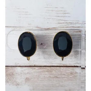 Vintage Clip On Earrings - Black Gem Oval Shape 0.75" thumbnail 3