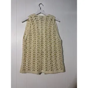 Crochet Sweater Vest Women's Large Ivory Open Knit Pom Pom Tie Sleeveless thumbnail 5