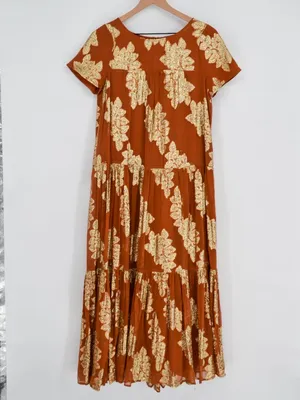 Anthropologie Jocasta Tiered Maxi Dress Burnt Orange Gold Metallic XS thumbnail 2