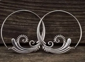 Delicate Carved Leaf Design Hoop Earrings thumbnail 1