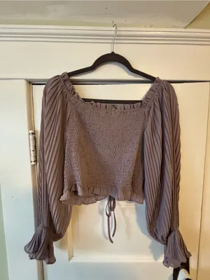 She + Sky Mauve Smocked Peasant Crop Top with Tie Front thumbnail 4