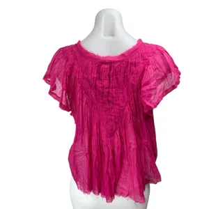Free People Padma Pink Raw Hem Short Flutter Sleeve V-Neck Sheer Blouse Top Sz S thumbnail 3