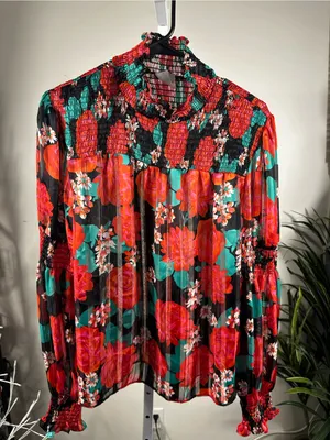 N199. Dragonfly Floral Smocked Sheer Long Sleeve Blouse Size L. thumbnail 1