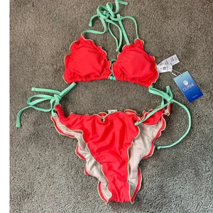 NWT Cupshe Coral Mint Ruffle Tie Bikini Set Top M Bottom L thumbnail 1