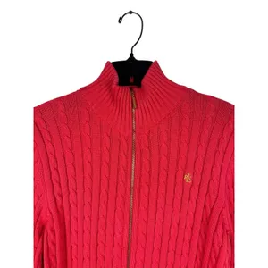 Lauren Ralph Lauren XL Dark Coral Cable Knit Full Zip Sweater Cotton Preppy Logo thumbnail 2