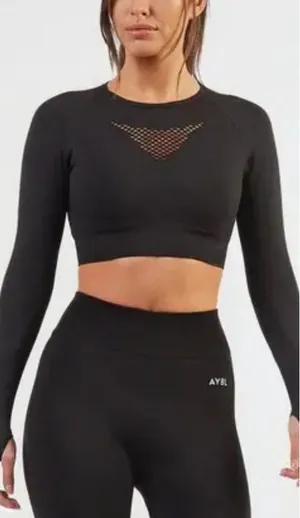 AYBL Black Motion Seamless Cropped Long Sleeve Gym Top Thumbholes‎ Cutout Back S thumbnail 1