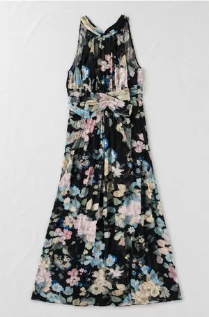 Adrianna Papell Black Floral Halter Maxi Dress Women 8 M thumbnail 1
