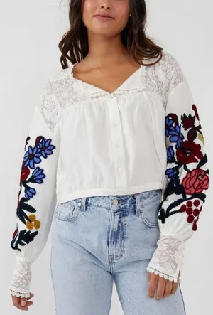 Free People Meadows Floral Embroidered Crop Blouse thumbnail 1