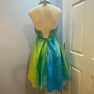 Vintage‎ Handmade Halter Dress Blue Green Watercolor Fit and Flare Fairy Dress 4 thumbnail 5