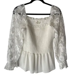 Ember‎ White Floral Lace Square Neck Smocked Peplum Top M Coquette Victorian thumbnail 1