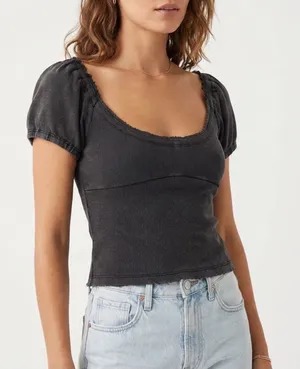 Full Tilt Crop Top Womens L Black Cotton Ribbed Raw Edge Short Sleeve Scoop Neck thumbnail 1