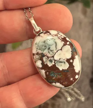 Handmade Handcrafted oval genuine wild horse turquoise pendant on chain necklace thumbnail 1