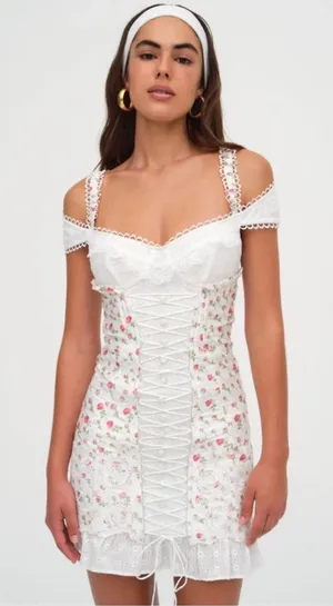 For Love & Lemons Baela Lace-Up Bustier Rose Floral Eyelet Mini Dress in XS thumbnail 1