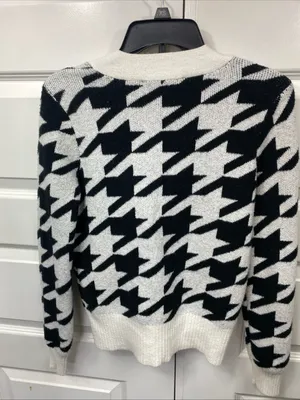 Loft Ivory Black Houndstooth V-Neck Button Front Cardigan Sweater XS Extra Small thumbnail 5