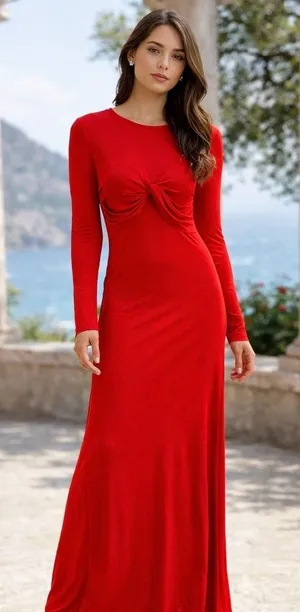 🔥Farm Rio Red Knot Front Maxi Dress Long Sleeve Bodycon Elegant ~ L thumbnail 1