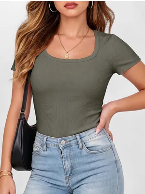 Ribbed Scoop Neck Short Sleeve Top - Olive Green thumbnail 1