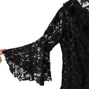 Black Floral Lace Ruffle V-Neck Bell Sleeve Blouse Top Victorian Fairy‎ Made USA thumbnail 3