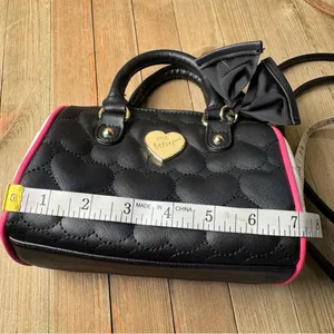 Betsey Johnson Small Mini Satchel Bag Shoulder Strap Black Pink Quilted‎ Heart thumbnail 8