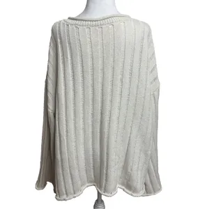 Rolled Hem Sweater Cream V-Neck‎ Wide Ribbed Casual Boho Office Neutral Plus 3XL thumbnail 3