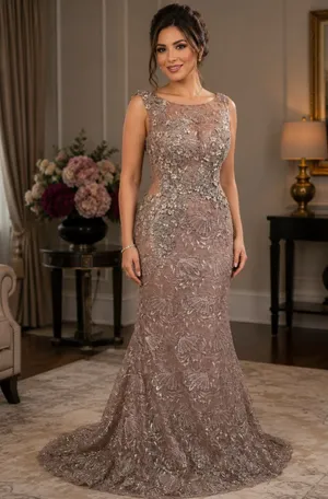 Embellished Taupe Evening Gown - Elegant Lace & Beaded dress thumbnail 1