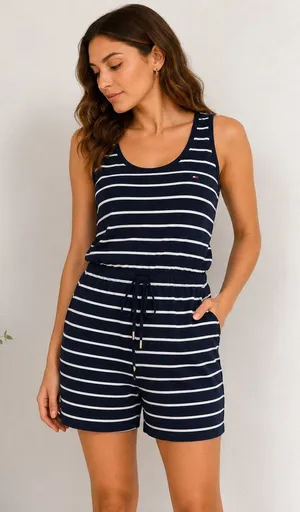 Tommy Hilfiger Navy Blue Striped Romper Sz M thumbnail 1