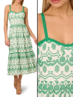 Adrianna Papell White Green Size 6 Cotton Eyelet Ruffle Midi Dress Party Picnic thumbnail 2
