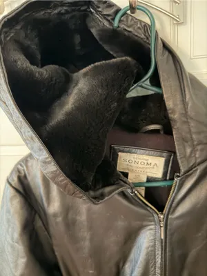 Sonoma Black Fuzzy Hooded Leather Jacket Size Large thumbnail 3